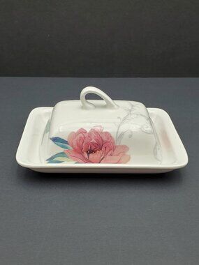 Martha Stewart Peony Covered Butter Dish Pink Peonies Butter Holder with Lid
